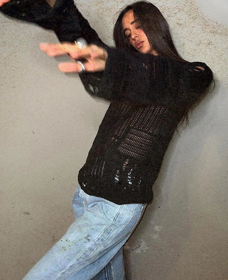 Chic Hollow Out Long Sleeve Knitted Pullover Sweater