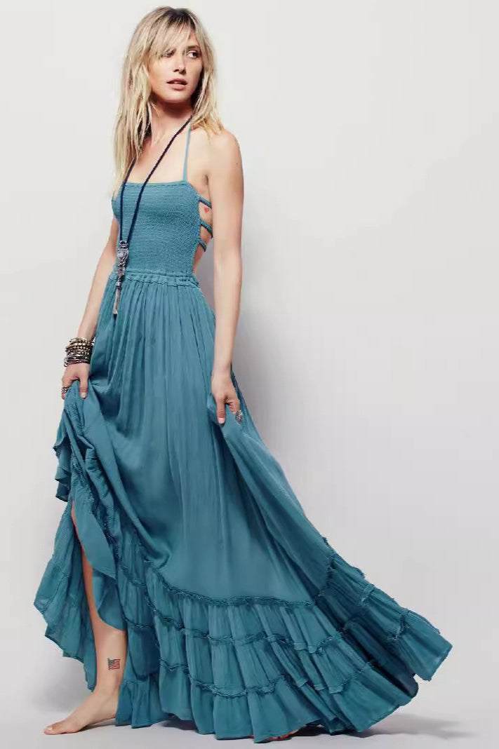 Backless Bohemian Beach Cotton Maxi Boho Dress