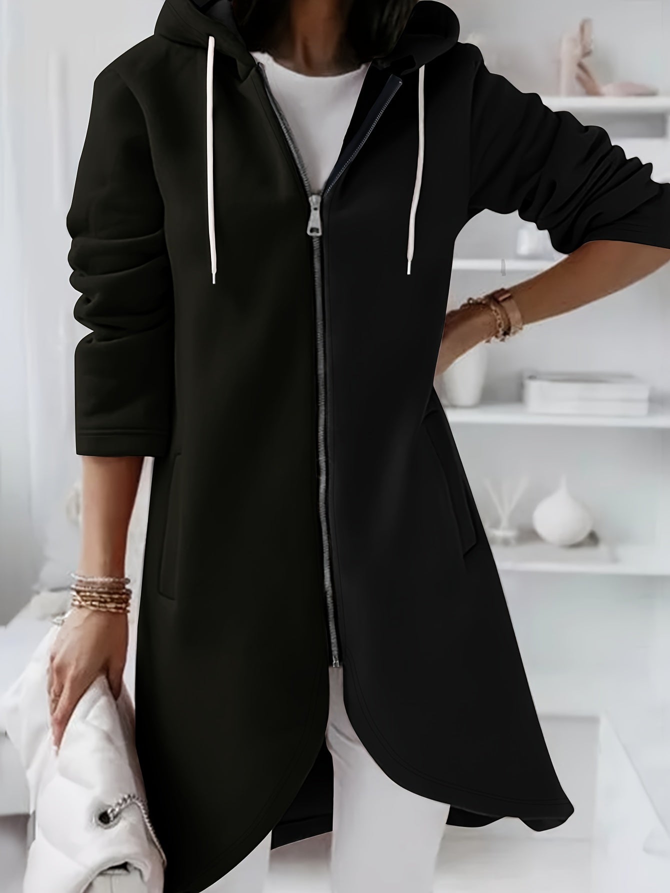 Solid Zipper Drawstring Midi Hooded Jacket for Versatile Style