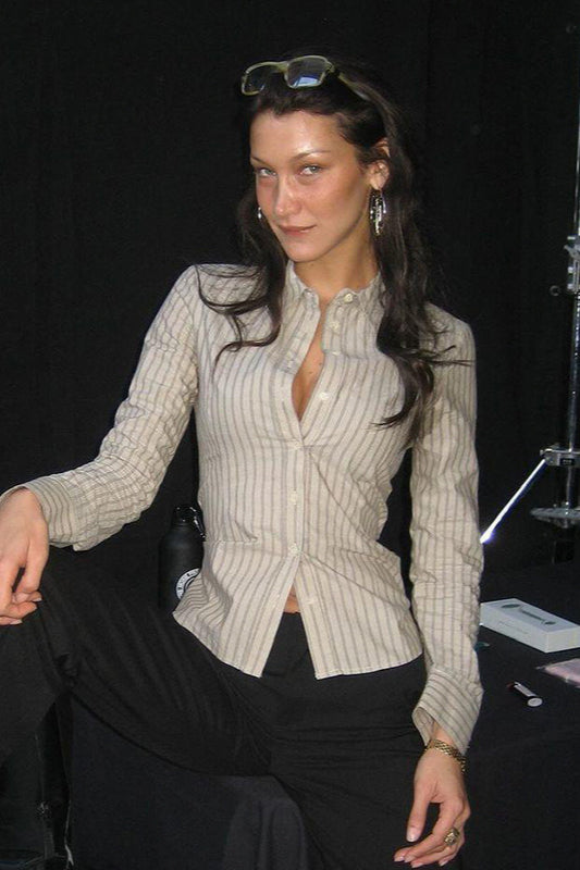 Elegant Striped Regular Shoulder Fitted Blouse