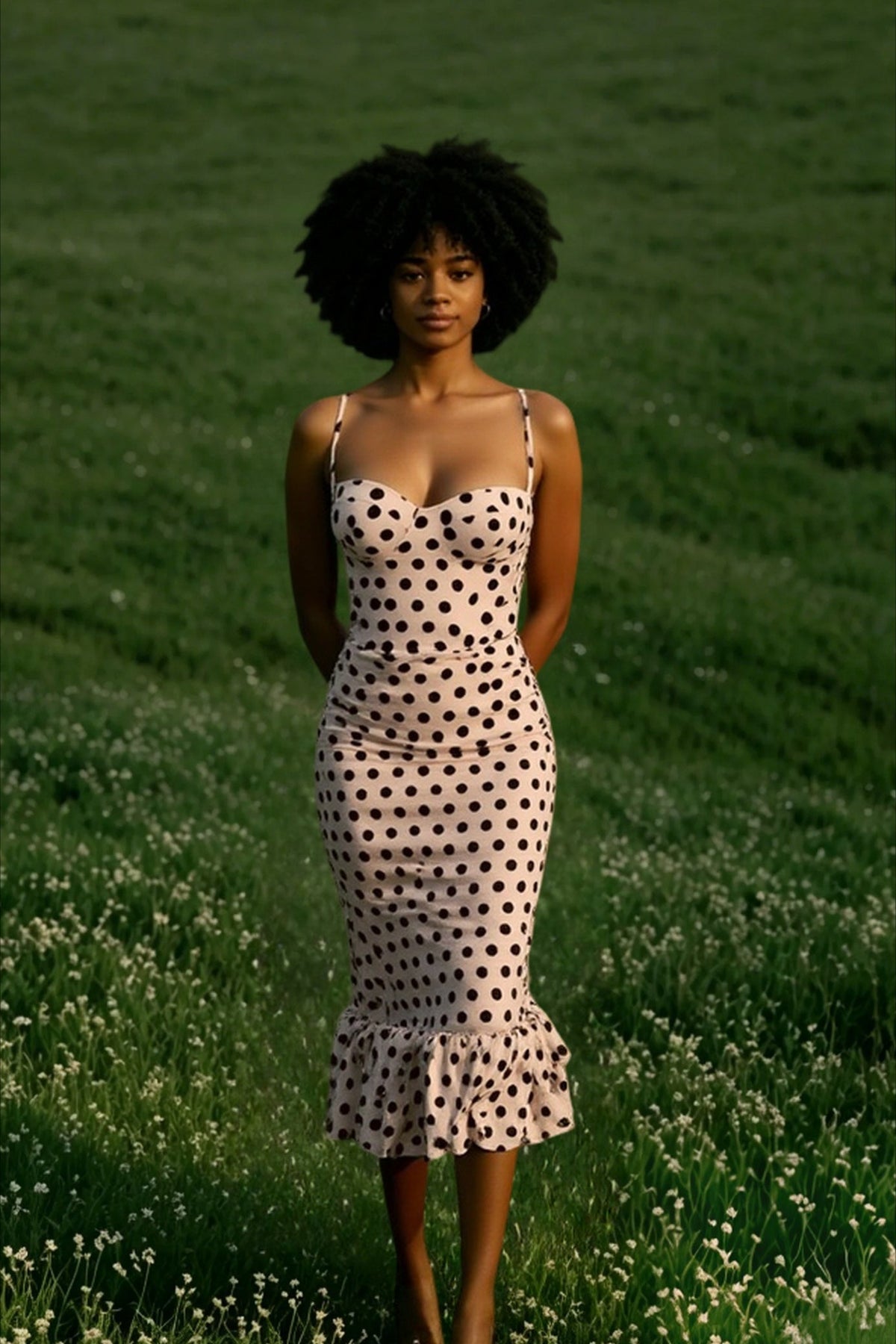 Polka Dot Sweetheart Spaghetti Strap Fishtail Midi Dress