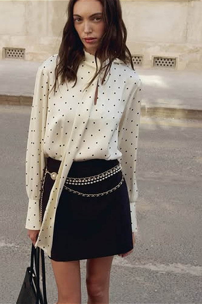 Polka Dot Tie Waist Slim Blouse - Fashionpara