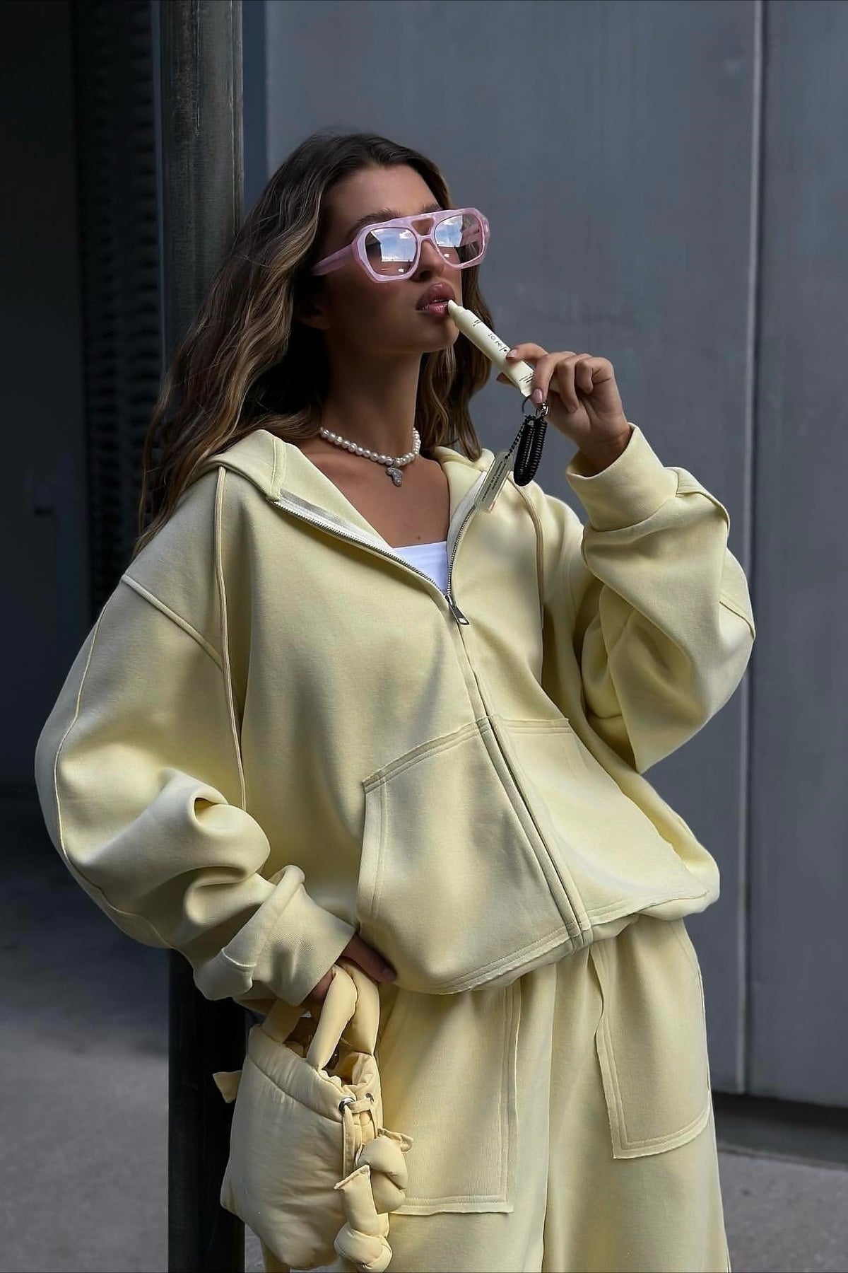 Solid Oversized Zip Front Hoodie Two Piece Set