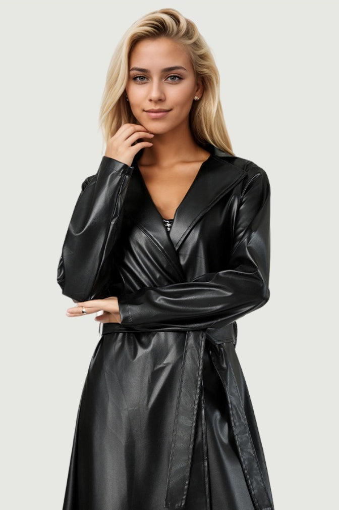 Wrinkle-Resistant Long Bathrobe-Style Leather Coat 2