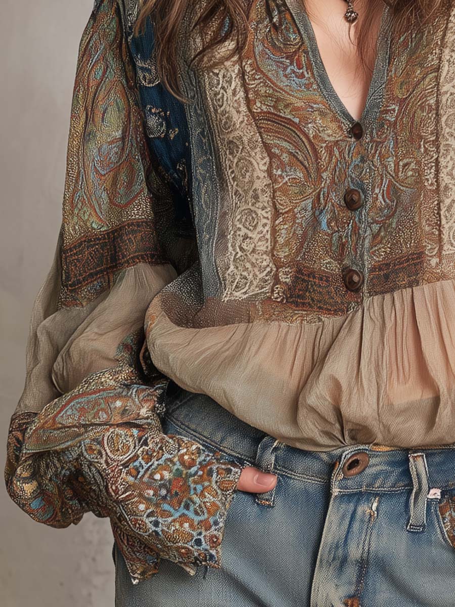Vintage Boho Paisley Sheer Blouse - Fashionpara