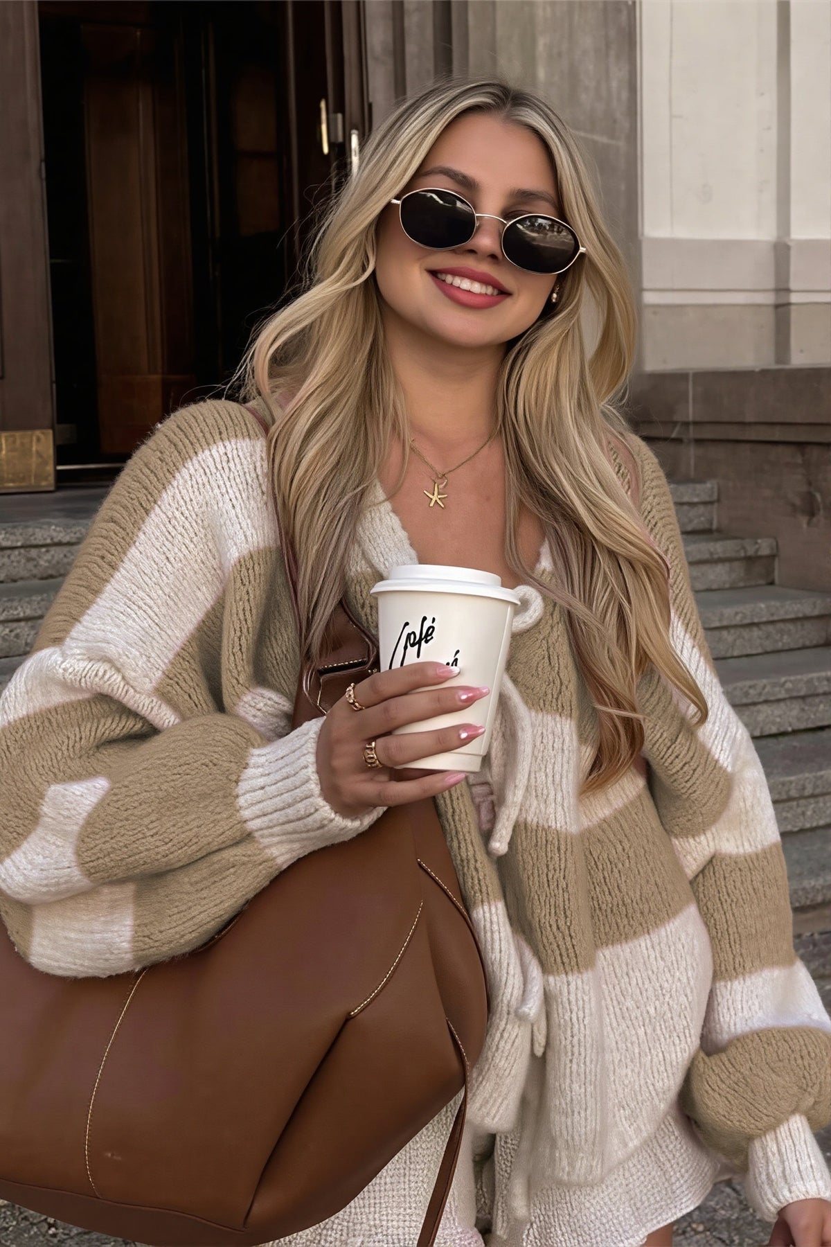 Wide Stripe Tie Balloon Sleeve Cardigan
