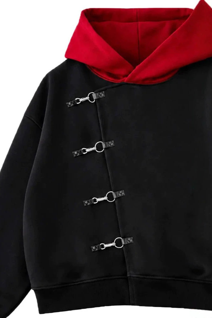 Contrast-Hood Hook-Closure Pullover Hoodie