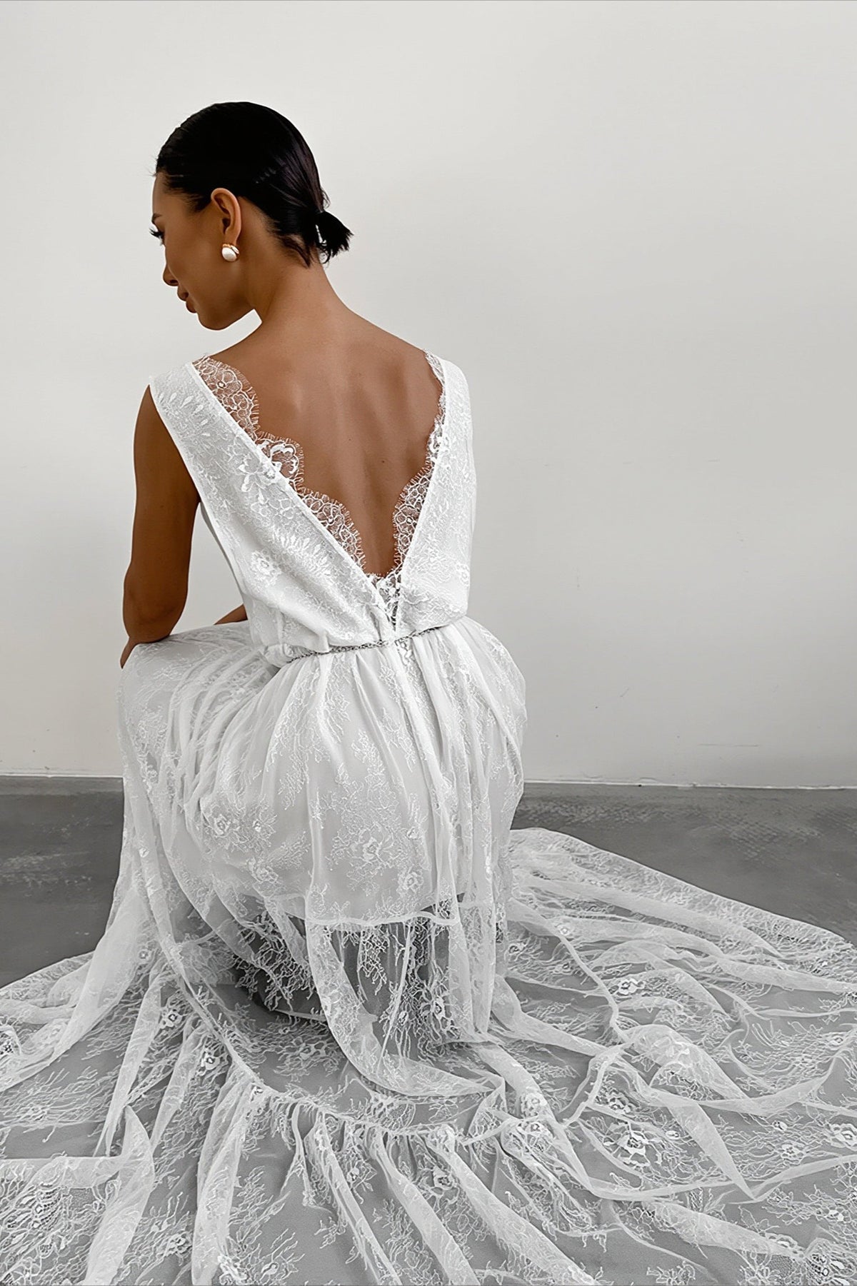 Sheer Lace Plunge V-Neck Tiered Belted Maxi Dress