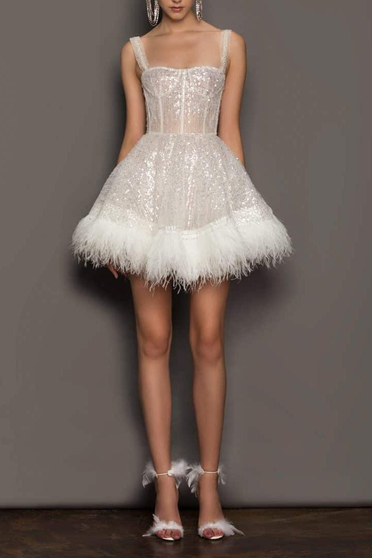 Sequin Sweetheart Spaghetti Strap Feather-Hem Mini Dress 3