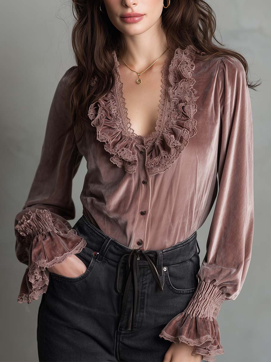 Dusty Rose Velvet Ruffle Blouse With Lace Trim - Fashionpara
