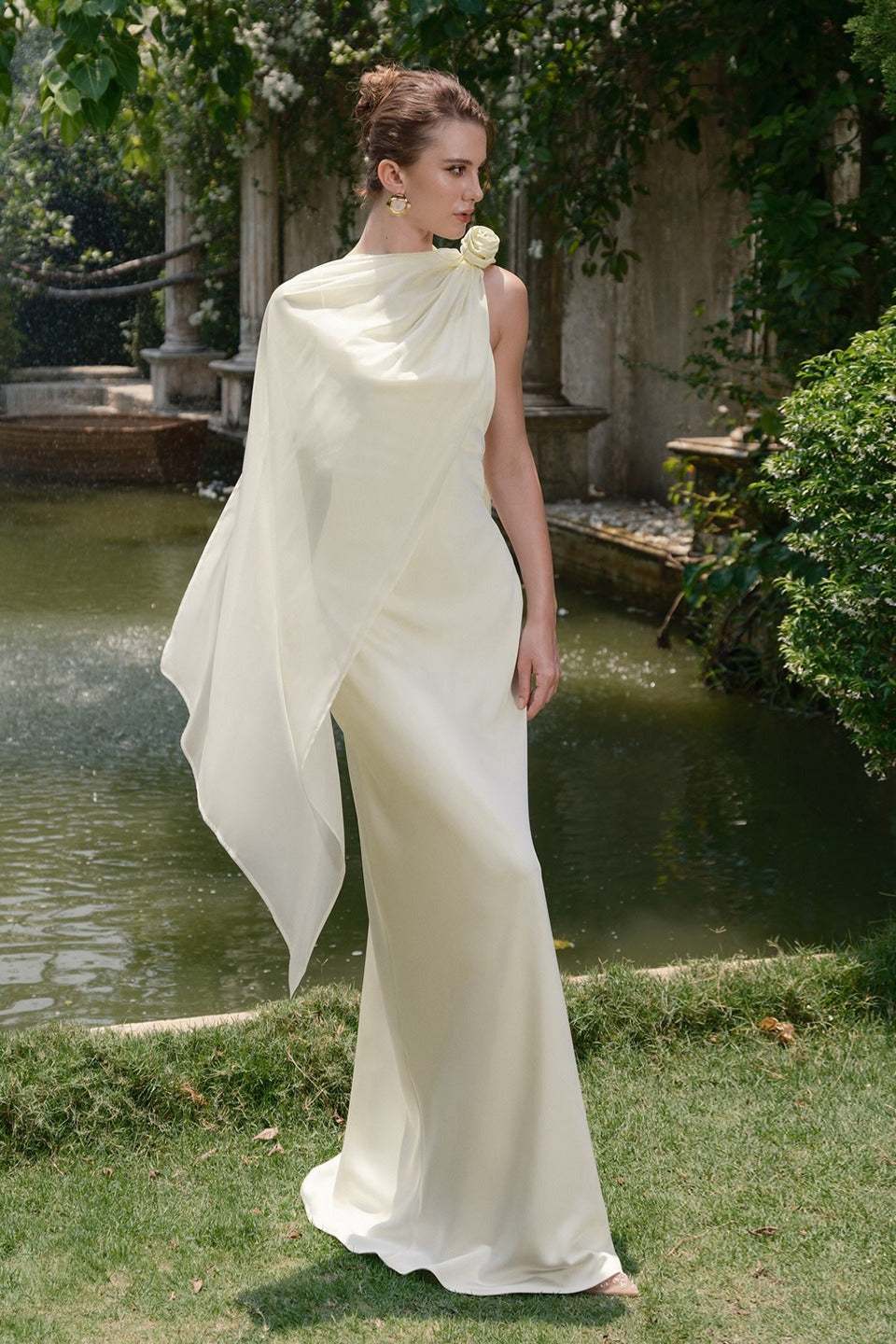 Satin Cowl Neck Spaghetti Strap Rosette Maxi Dress