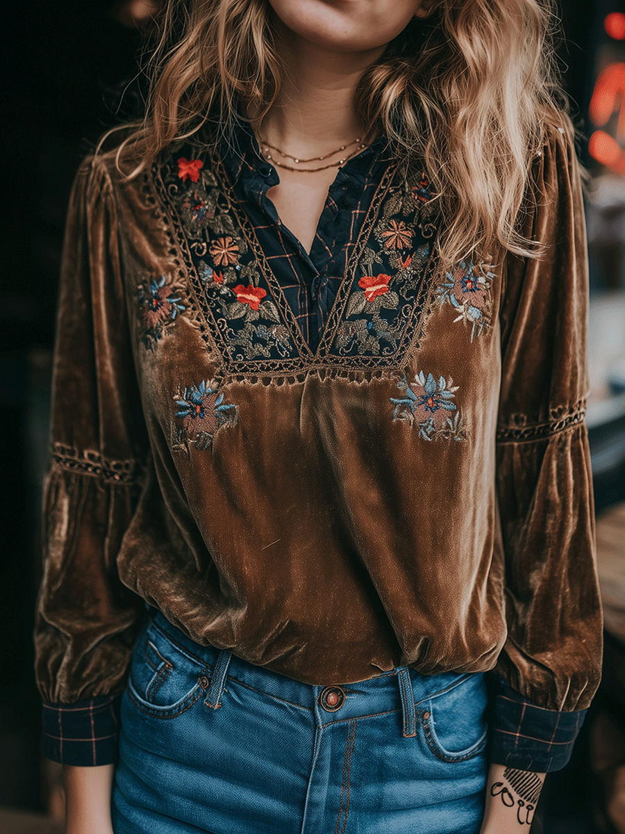 Bohe Brown V-Neck Velvet With Floral Embroidery And Lace Blouse - Fashionpara