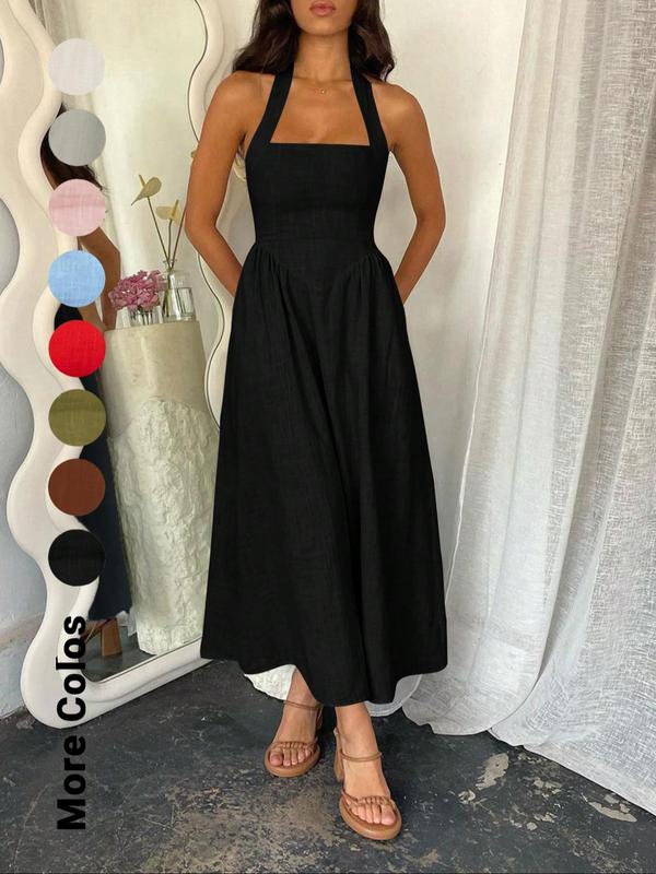 Halter Square Neck Pocket Fit and Flare Midi Dress