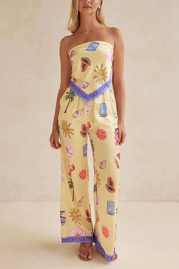 Linen Blend Unique Printed Bandeau Top and Elastic Waist Pocket Pants Set - Fashionpara