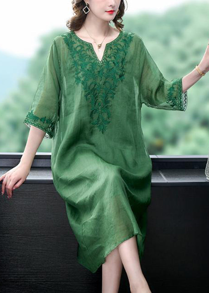 V-Neck Floral Embroidery Three Quarter Sleeve Shift Midi Dress