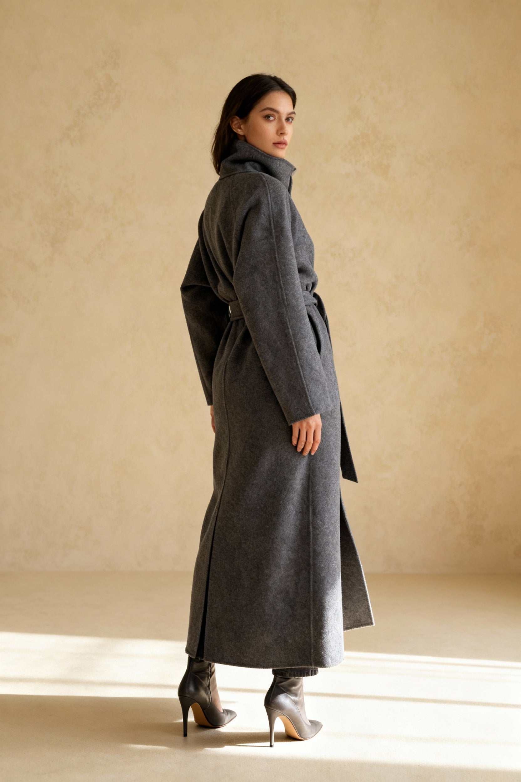 Grey High Collar Long Woolen Coat - Fashionpara