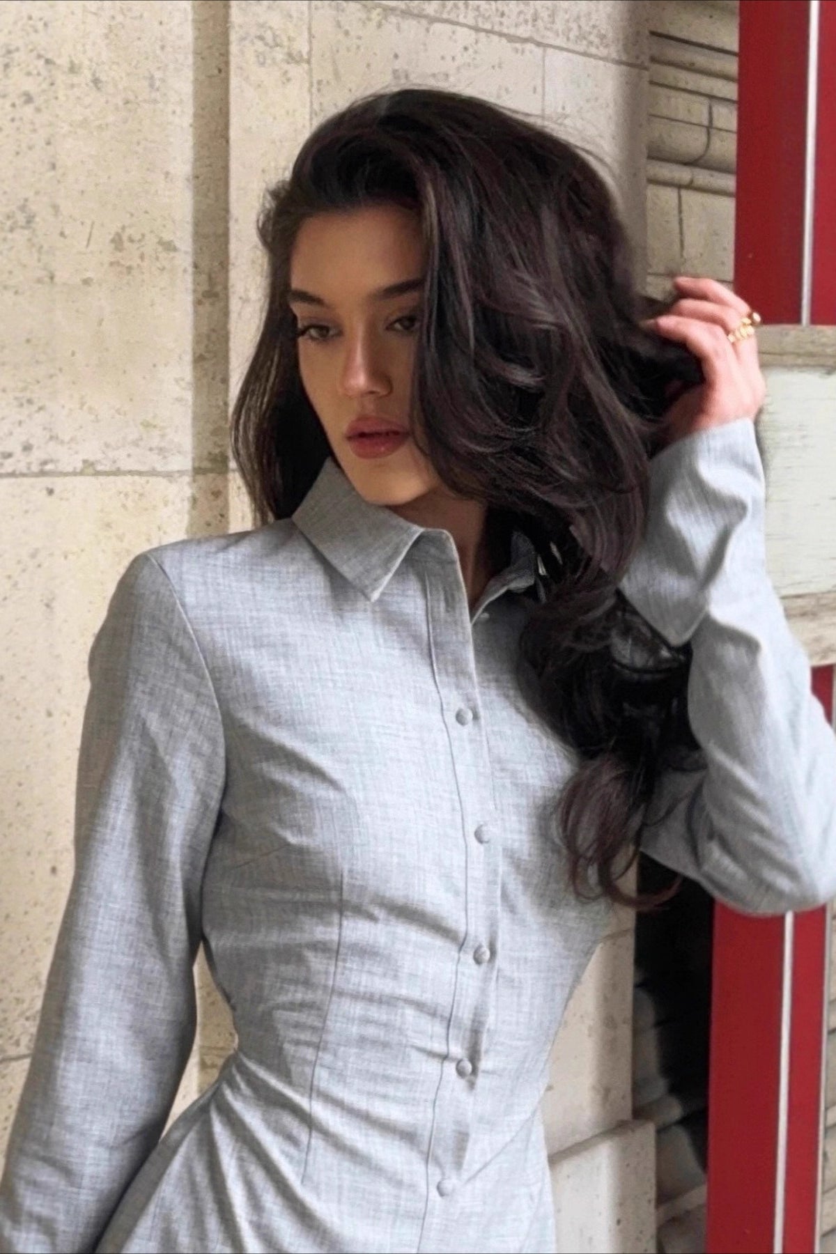 Elegant Long Sleeve Collared Midi Dress