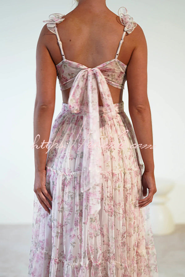 Garden Fairy Tulle Floral Ruffle Detail Cutout Waist Back Tie-up Maxi Dress - Fashionpara