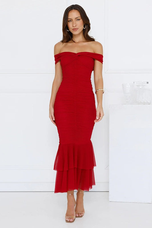 Off Shoulder Ruched Mermaid Tiered Midi Dress