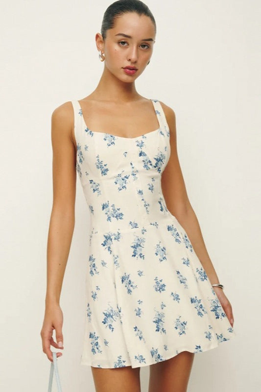 Floral Print Square Neck Sleeveless Fit-and-Flare Mini Dress