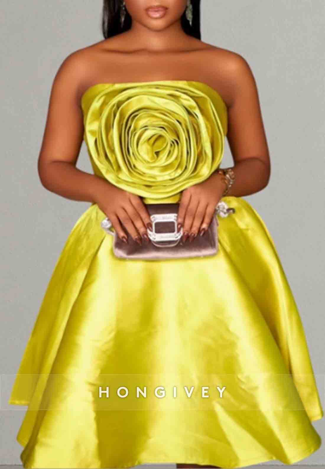 Flower Knee-Length Strapless Satin Sleeveless Princess Homecoming Dresses