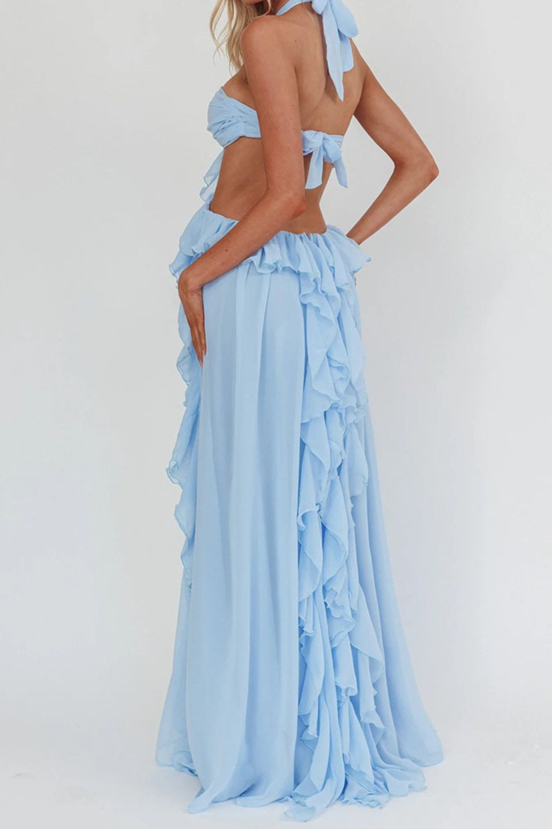 Strapless Chiffon Ruffle Rosette Cut Out High Split Maxi Dress - View 7