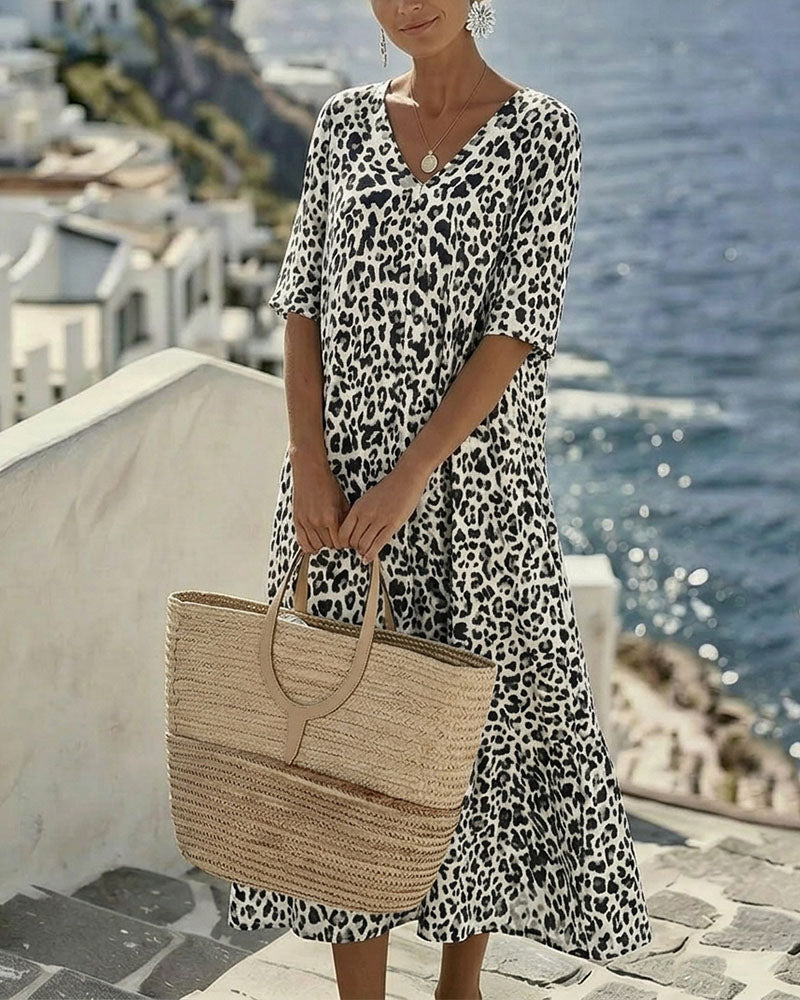 Leopard Print V-Neck Short Sleeve Tiered Midi Dress 6