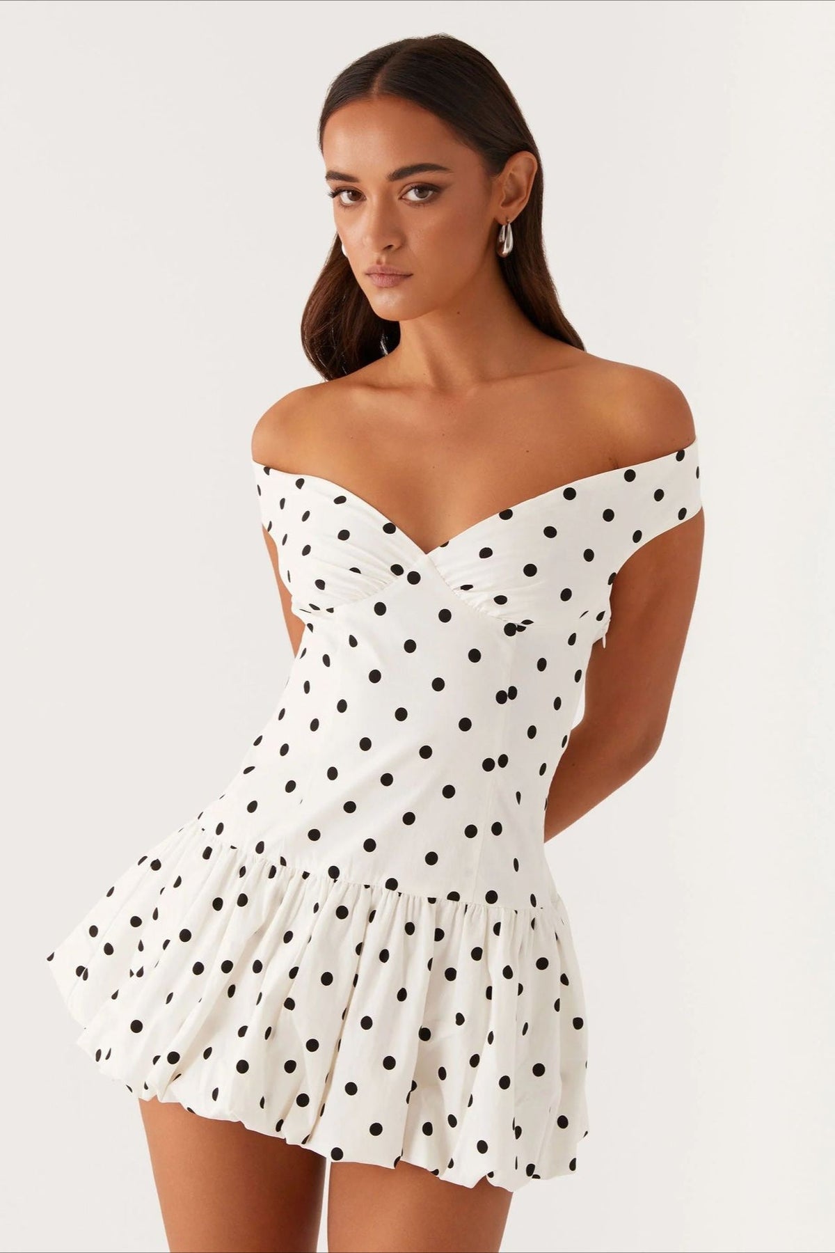 Polka Dot Off Shoulder Sweetheart Bubble Hem Mini Dress