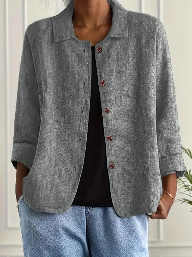 Collared Long Sleeve Button Front Linen Look Shirt 7