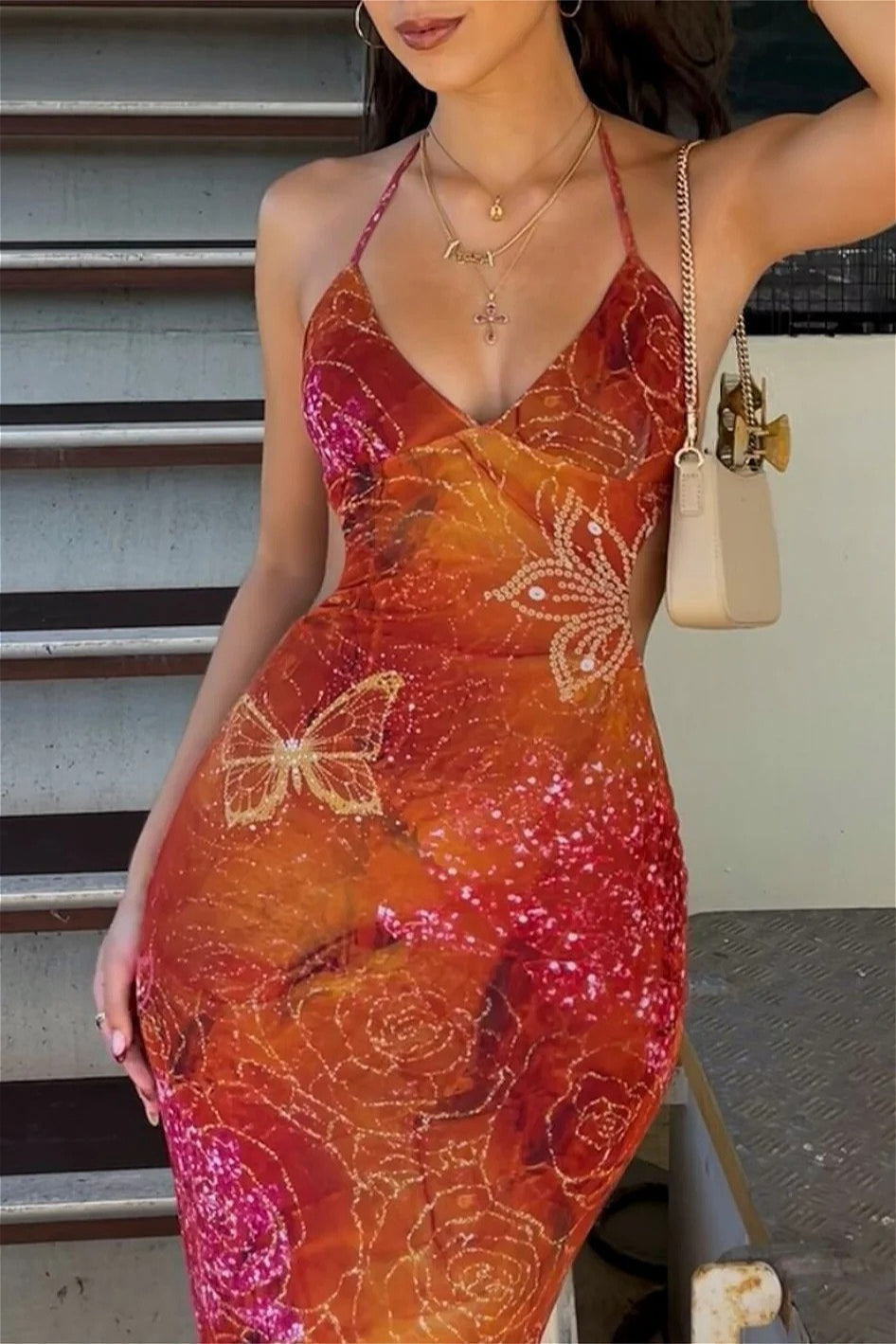 Vintage Printed Floral Lace-Up Floral Dress