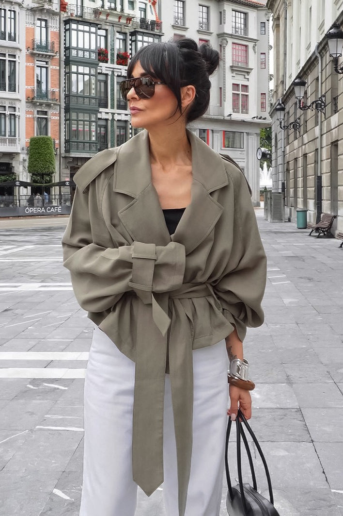 Olive Wide Lapel Belted Cropped Trench Coat