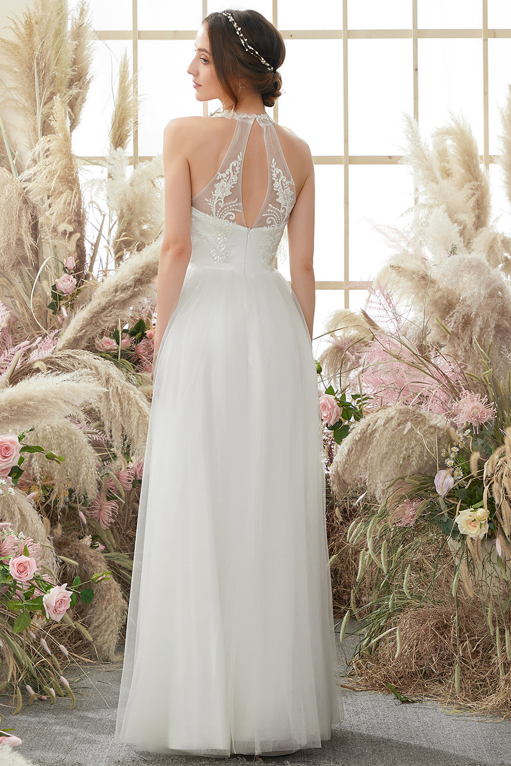 White Halter Neck Wedding Dress - Fashionpara