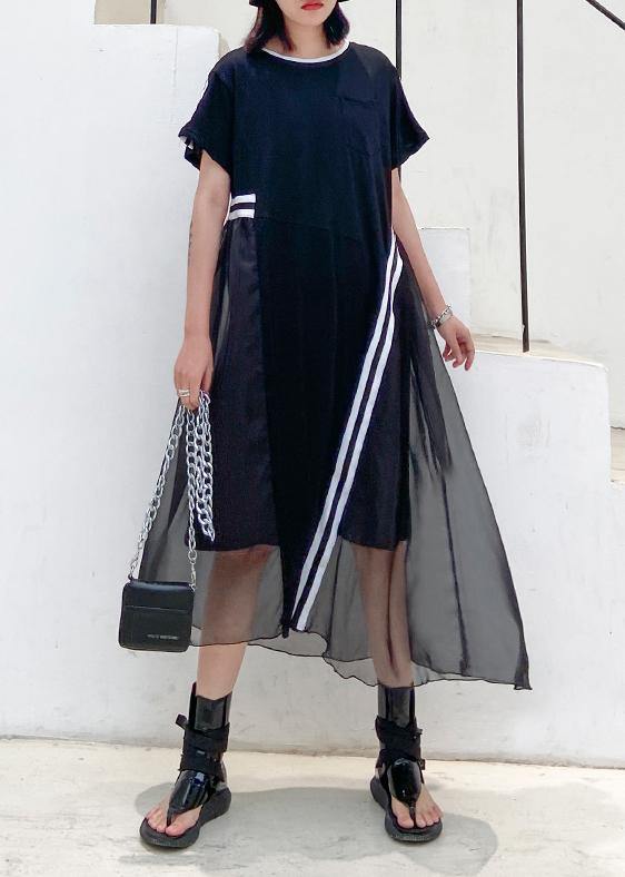 Mesh Overlay Crew Neck Short Sleeve Pocket Diagonal Stripe Midi Dress - View 2