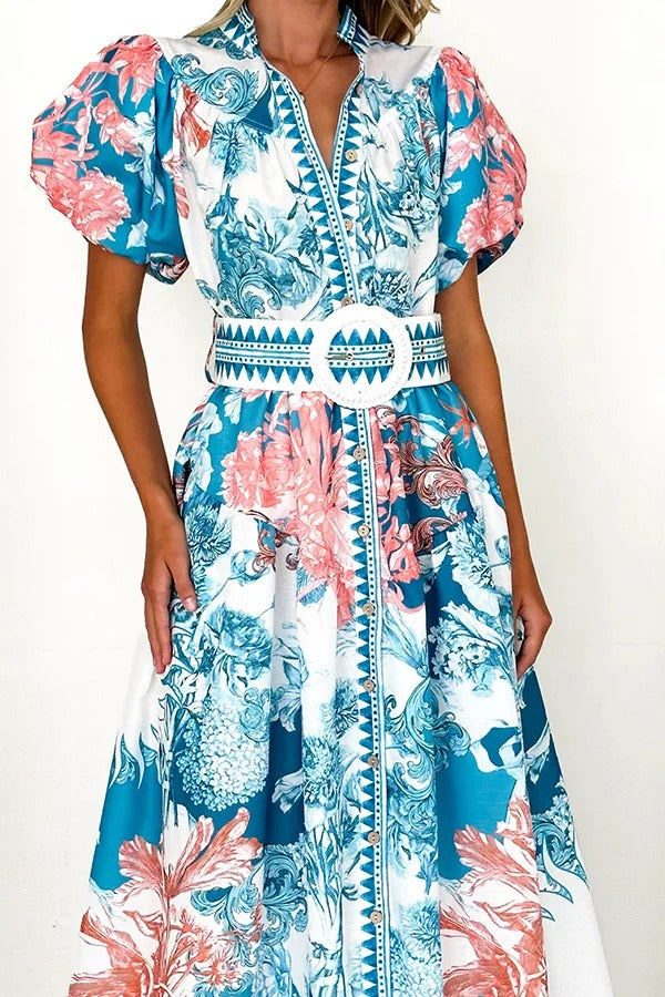 Unique Print Puff Sleeve Button Belt Casual Maxi Dress - Fashionpara
