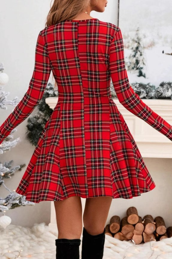 Plaid Long Sleeve Party Dress - Fashionpara