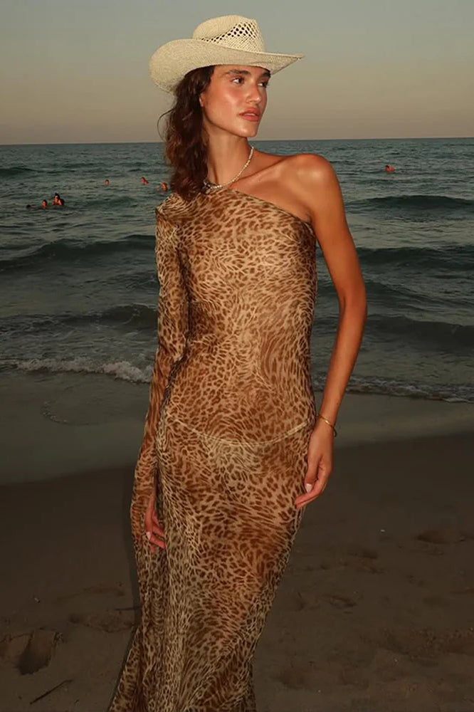 Leopard Print Sexy Spice Girl Slanted Shoulder Maxi Dress
