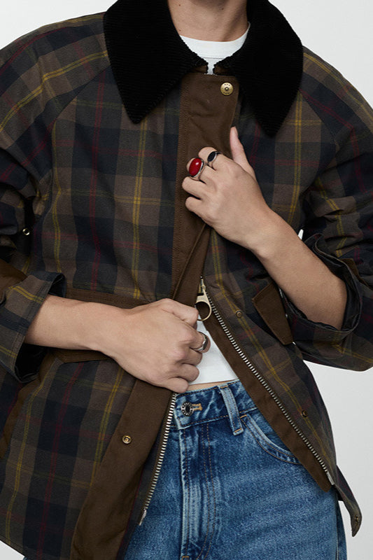 Plaid Faux Fur Collar Zip Coat with Decorative Buttons