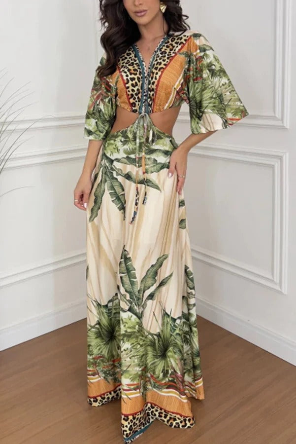 Arlena Leopard Botanical Print Tie-up Cutout Vacatuon Maxi Dress - Fashionpara