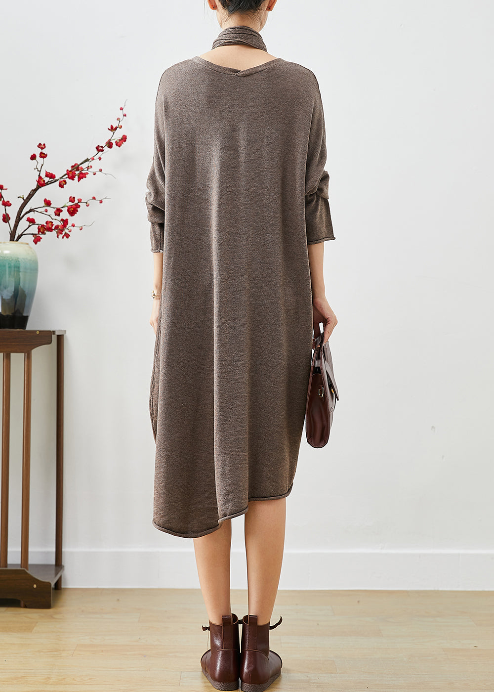 Knit Scarf Neck Long Sleeve Oversized Draped Hem Midi Sweater Dress - View 4