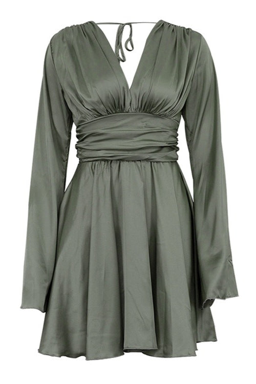 Satin Deep V-Neck Long Sleeve Flared Mini Dress
