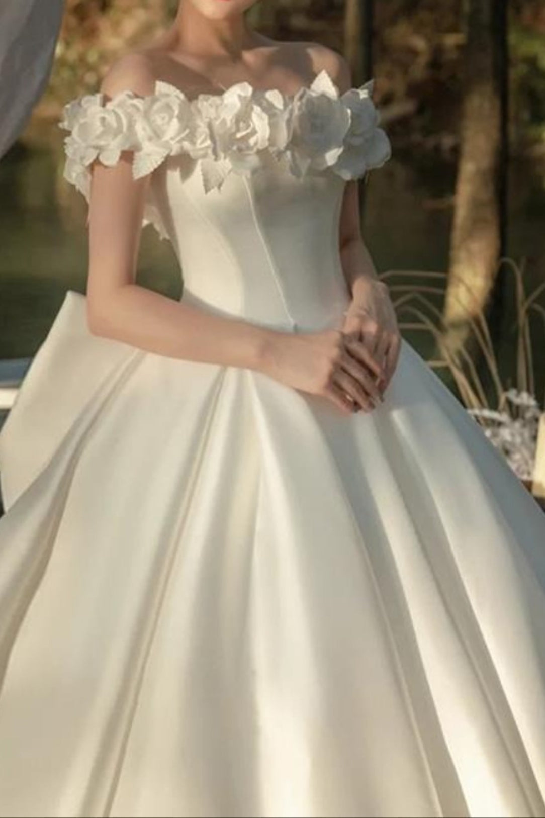 Off Shoulder Satin Train Wedding Dress