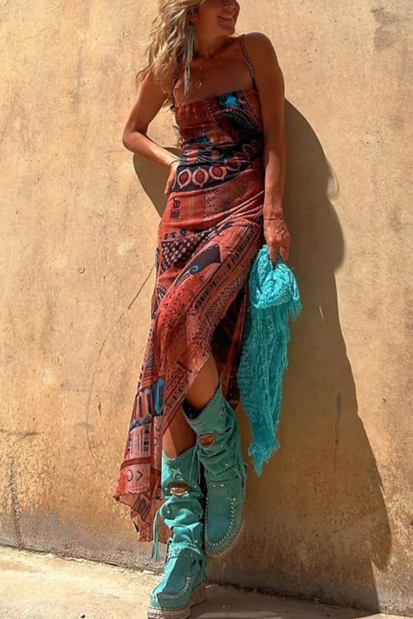 Backless Lace Up Fringe High Split Boho Maxi Dress - View 13