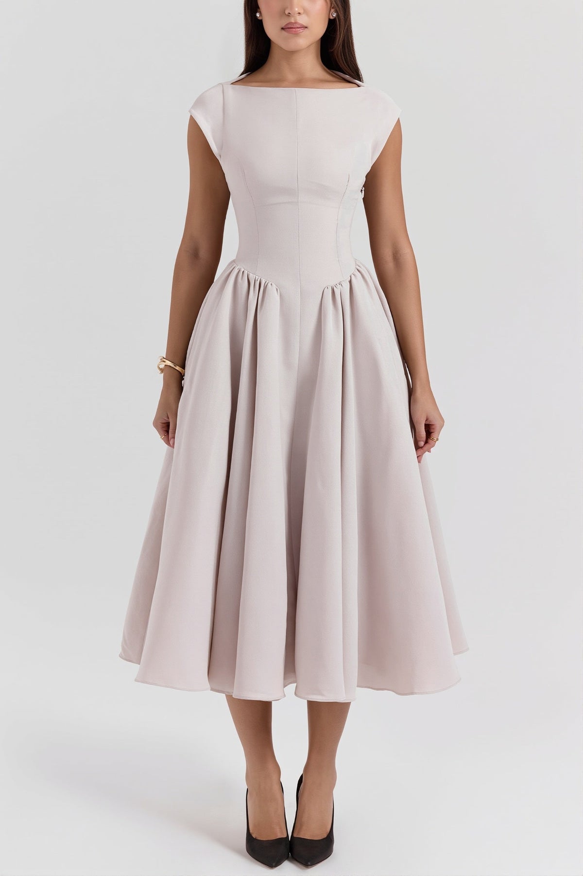 Boat Neck Cap Sleeve Fit and Flare Midi Dress