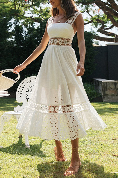 Square Neck Sleeveless Eyelet Lace Crochet Waist Midi Dress - View 6