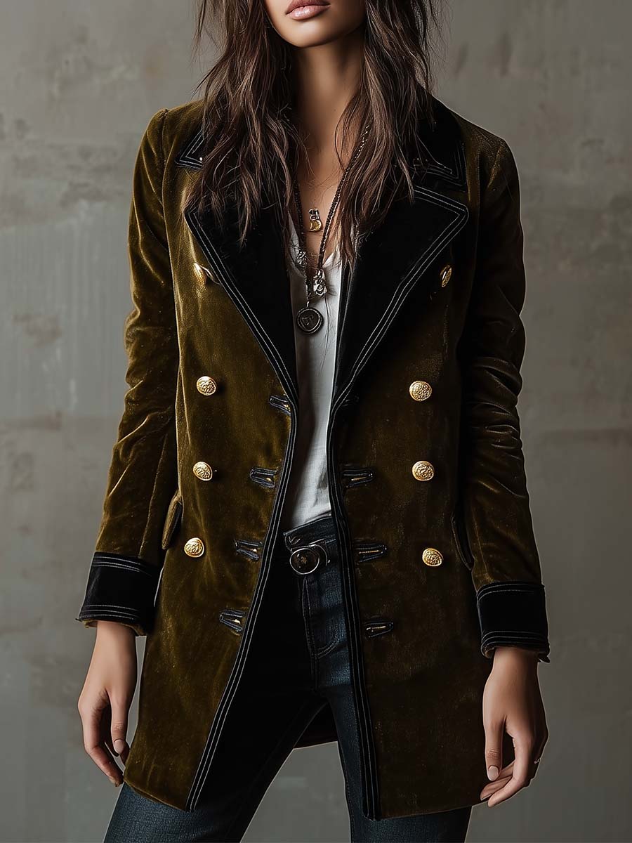 Olive Synthetic Velvet Double-Breasted Military Coat - Fashionpara