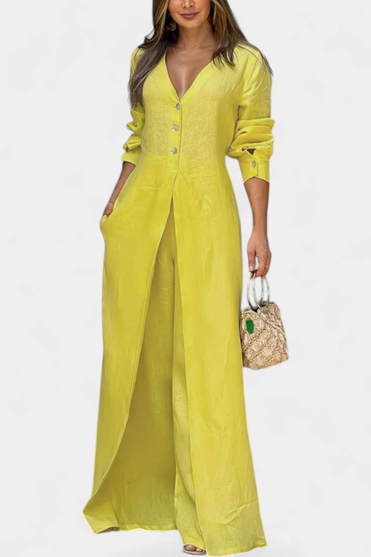 V-Neck Button Front Longline Top and Wide Leg Pants Two Piece Set