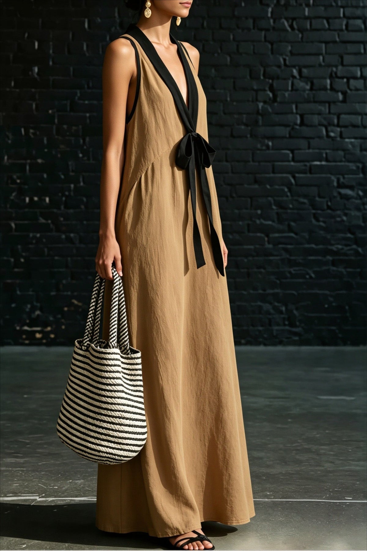 Linen Deep V-Neck Contrast Tie Flowy Maxi Dress