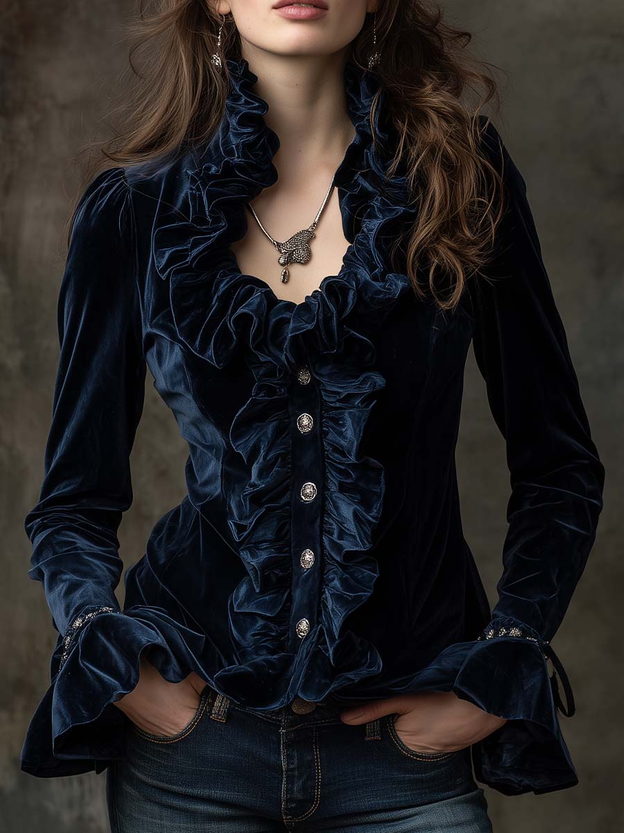 Midnight Blue Ruffled Velvet Shirt With Crystal Buttons - Fashionpara