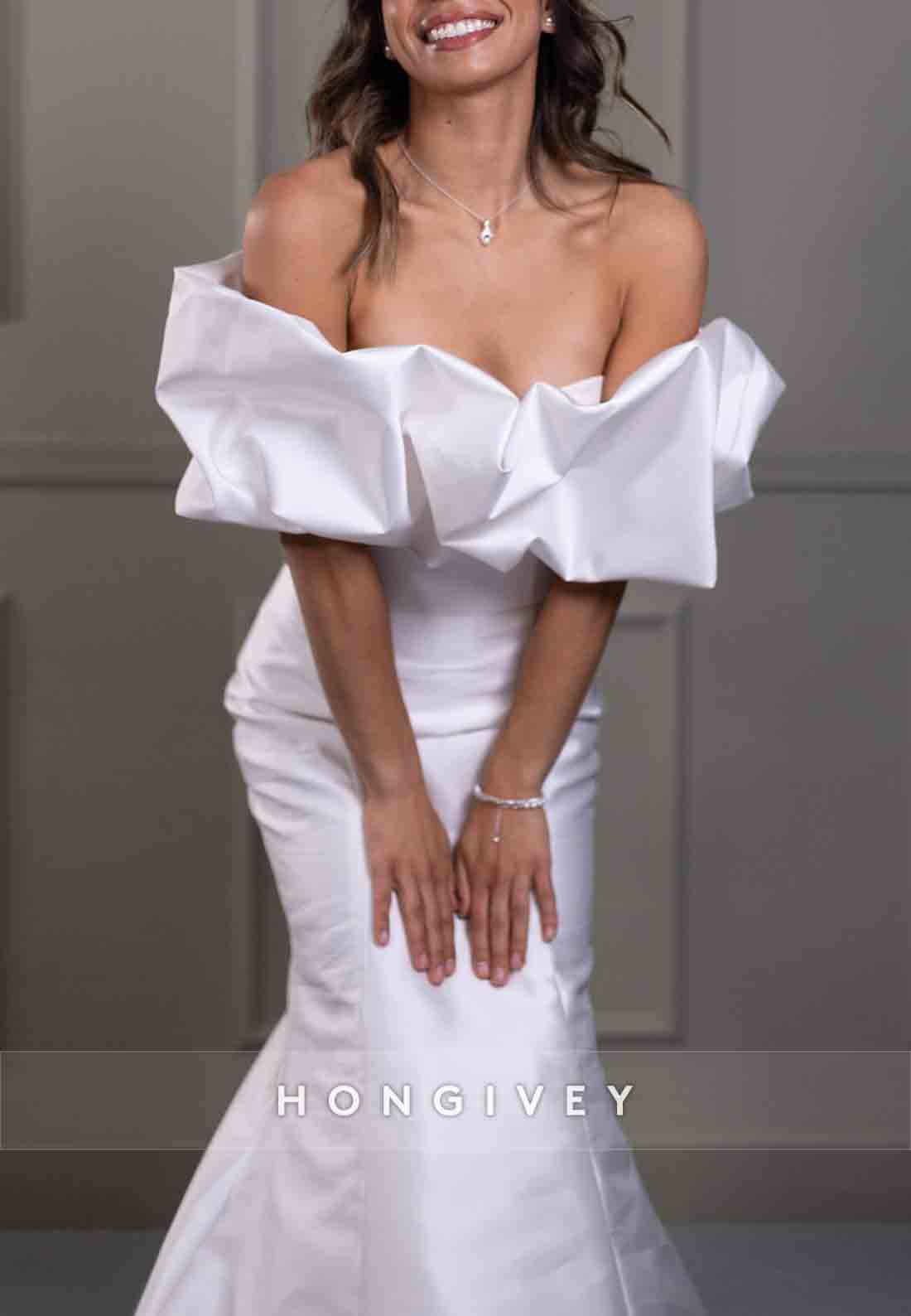 Off the Shoulder Trumpet Pleated Simple Satin Sweep Train Wedding Dresses