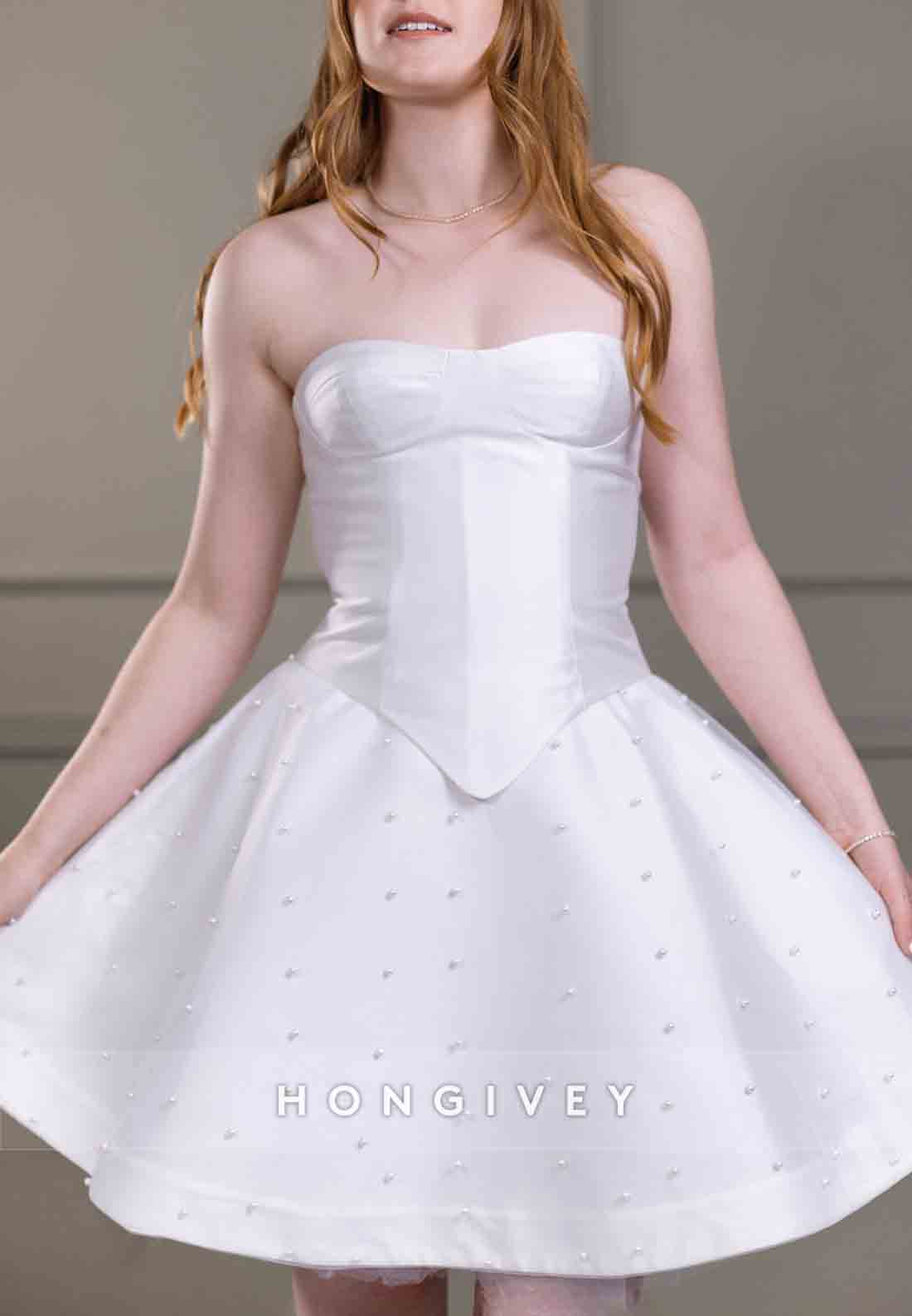 Short Princess Strapless Pleated Beading Wedding Dresses